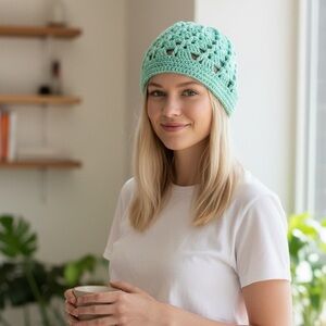 Aqua blue crochet hat made with cotton yarn